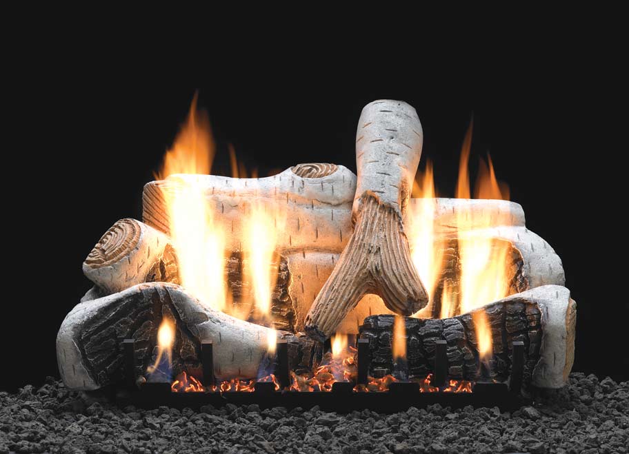 Ceramic fiber birch gas logs with realistic flames, set of firewood for a gas fireplace