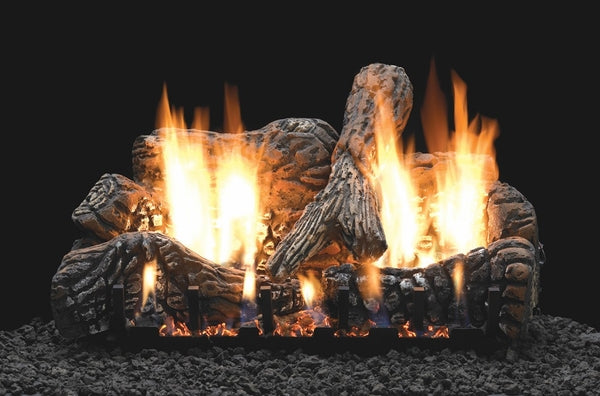 Ceramic fiber log set with burning flames and textured gray-brown logs