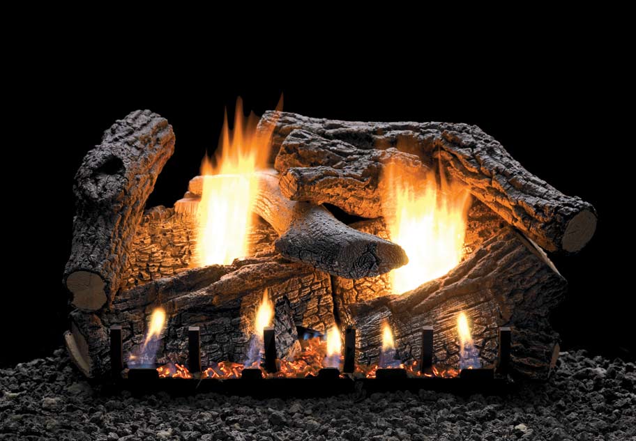 Refractory gas log set with glowing flames and dark gray and brown logs