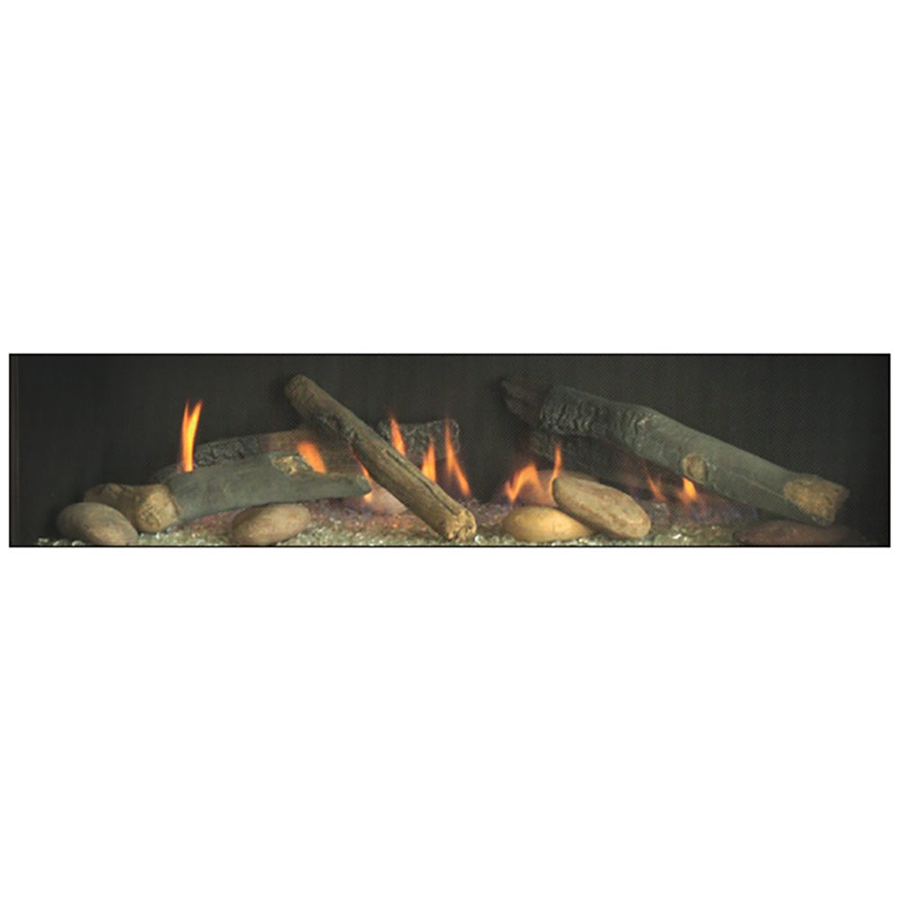 Rustic fireplace log and river rock accessory kit with glowing flames