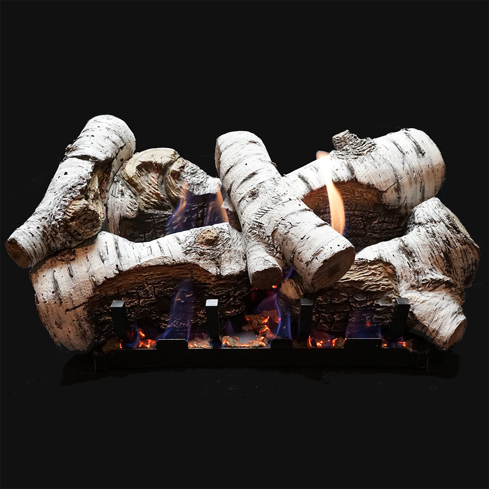 Birch gas log set, white faux-birch logs with dark charred bases and flames