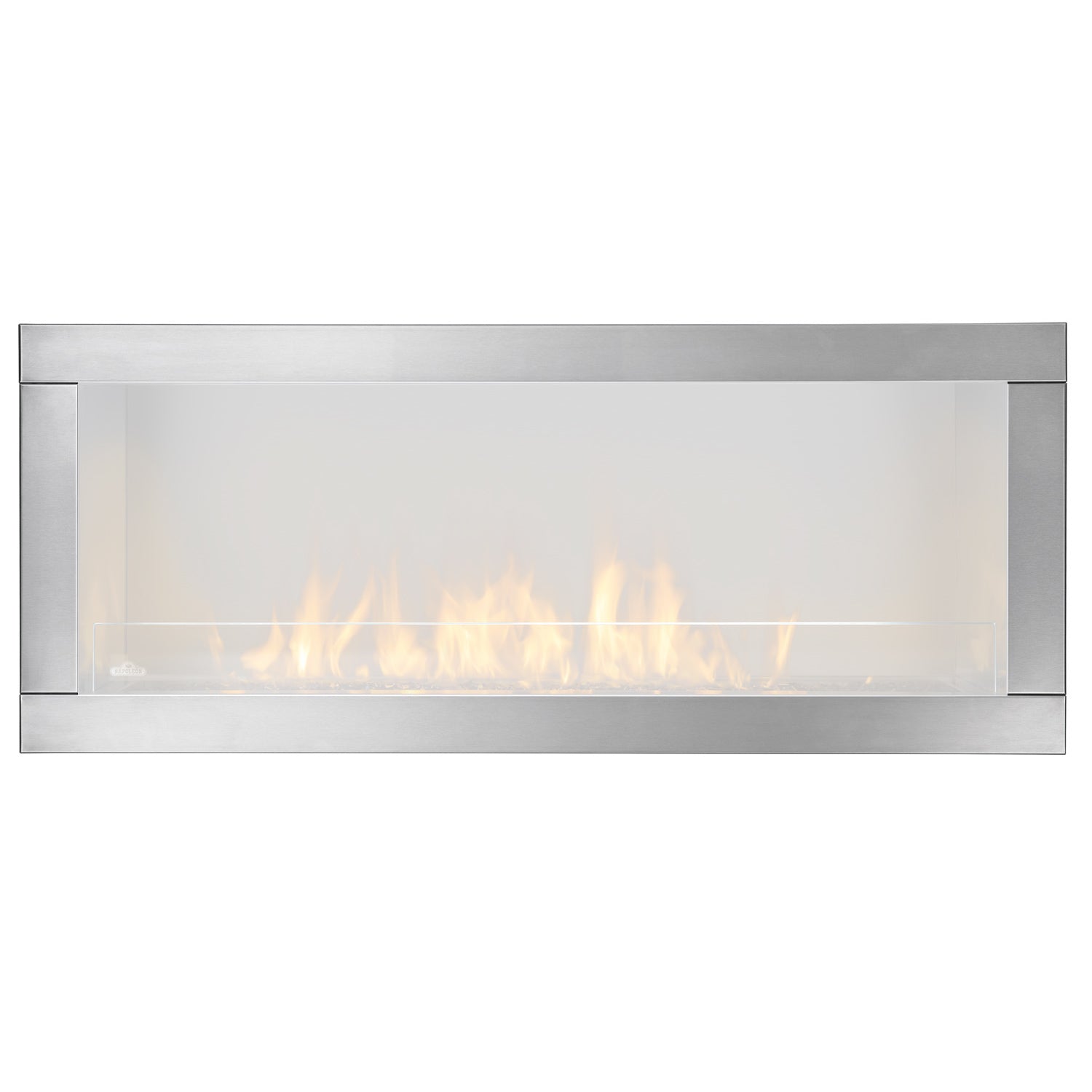 Brushed stainless steel four-sided trim with fire visible behind glass