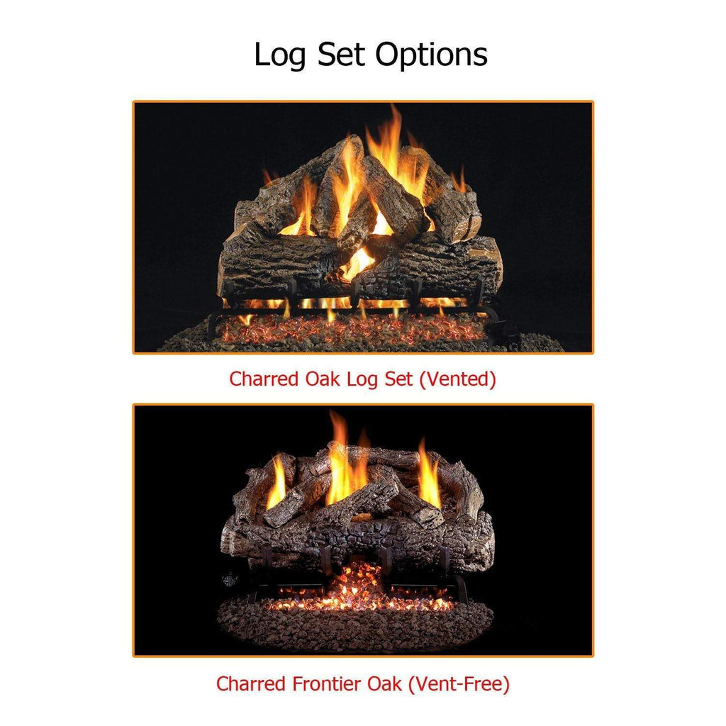 Outdoor gas fireplace log set options showing vented and vent-free charred logs