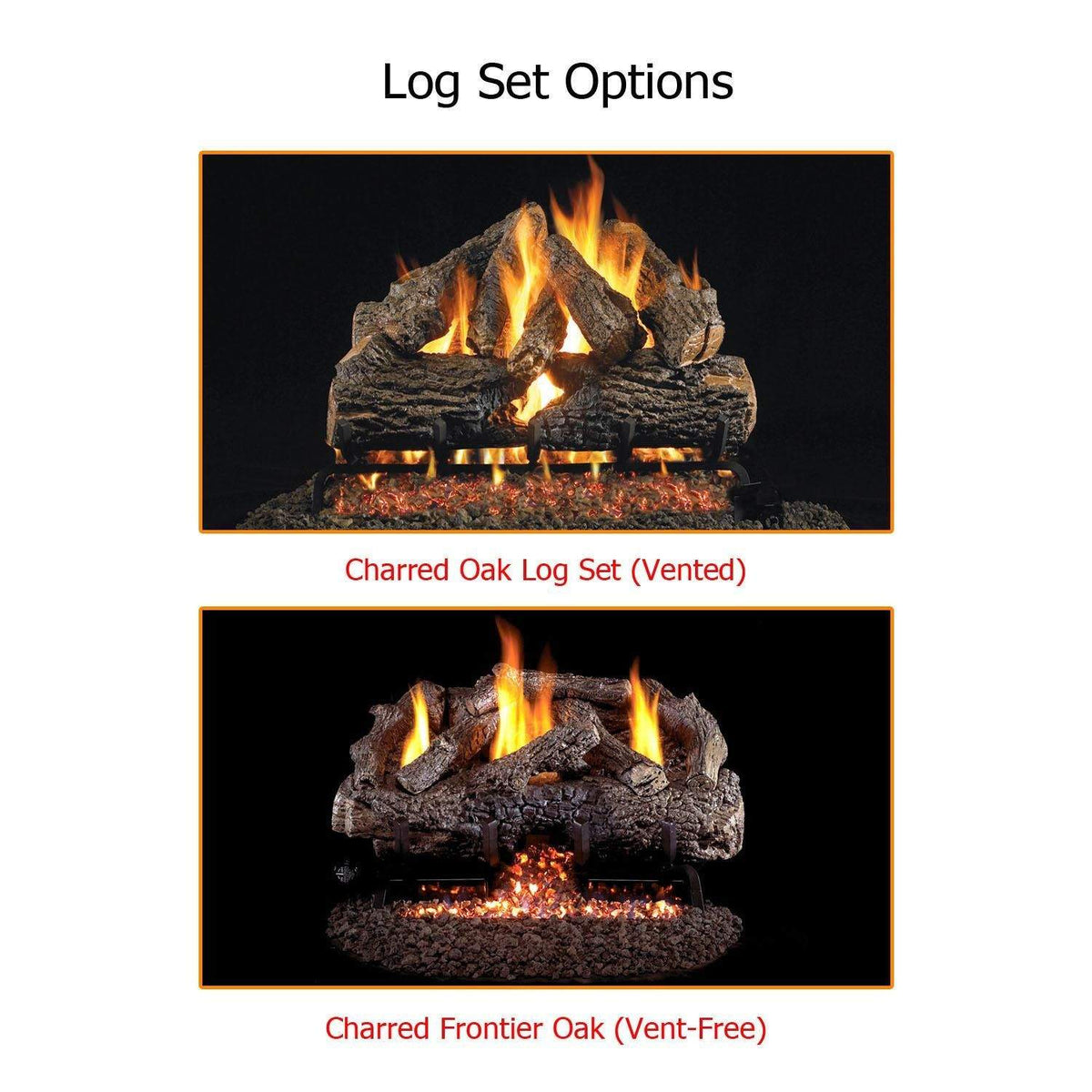 Outdoor gas fireplace log set options showing vented and vent-free charred logs