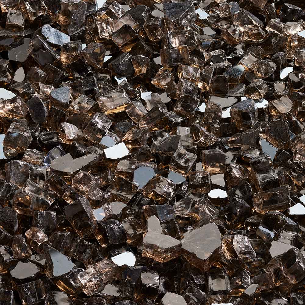 Smoked embers crushed glass media, dark bronze and smoky silver shards