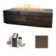 Linear concrete gas fire table with dark wood-look front and flames; control hardware and brown finish sample.