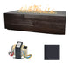 Dark brown linear concrete gas fire table with flames; ignition parts and charcoal swatch