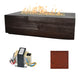 Linear concrete gas fire table with dark wood-look front and flames; control hardware and red speckled sample.