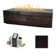 Dark brown linear concrete gas fire table with flames; ignition parts and dark color swatch