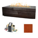 Concrete linear gas fire table with dark wood-look finish and glowing flames