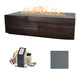 Dark brown linear concrete gas fire table with flames; ignition parts and light gray swatch
