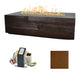 Dark brown linear concrete gas fire table with flames; ignition parts and brown color swatch
