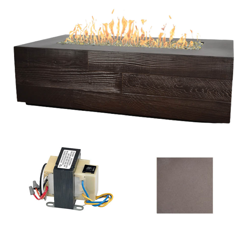 Linear concrete gas fire table with dark wood-look front and flames; control hardware and light gray finish sample.