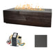 Linear concrete gas fire table with dark wood-look front and flames; control hardware with dark gray finish sample.