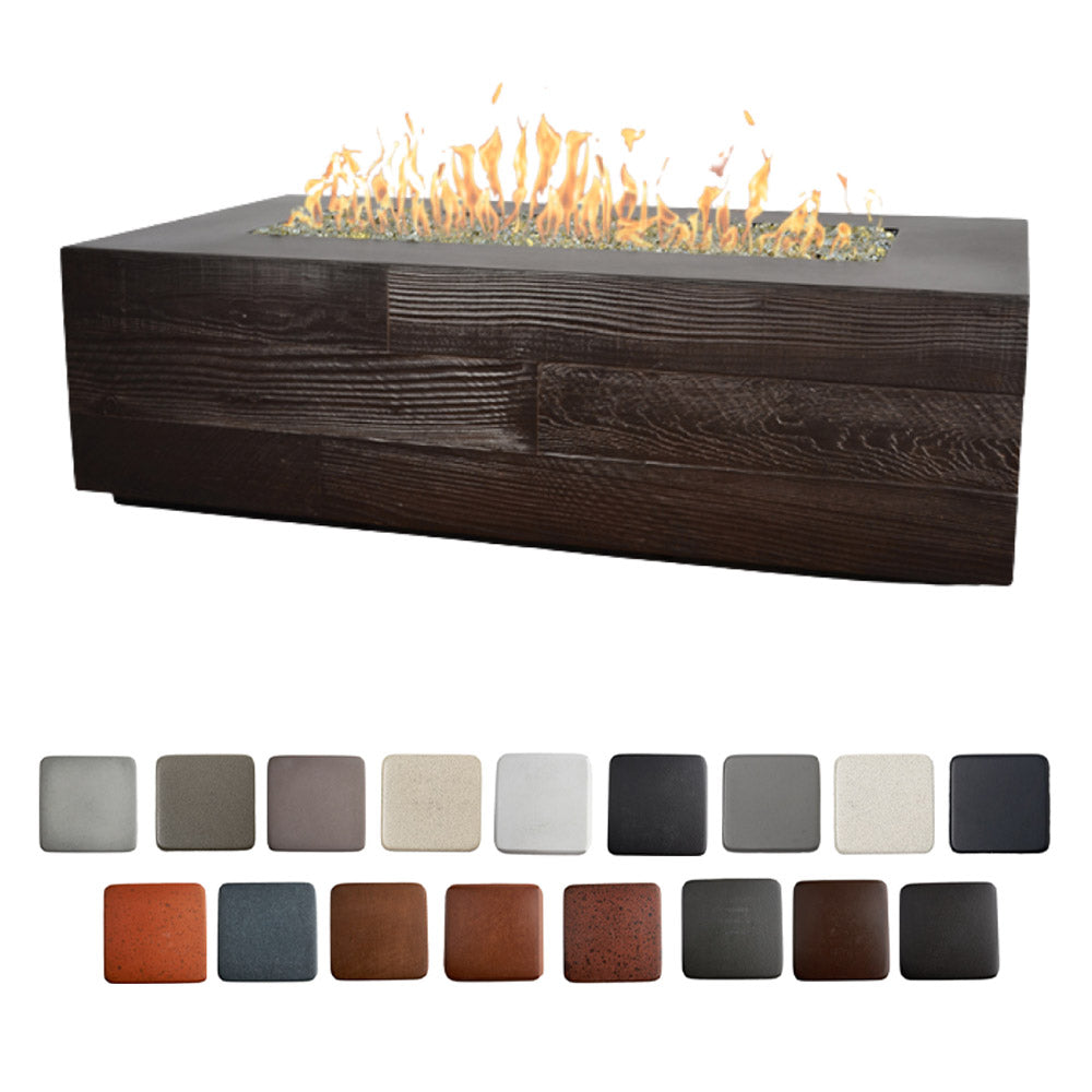 Dark woodgrain linear concrete gas fire table with open flame, rectangular top.