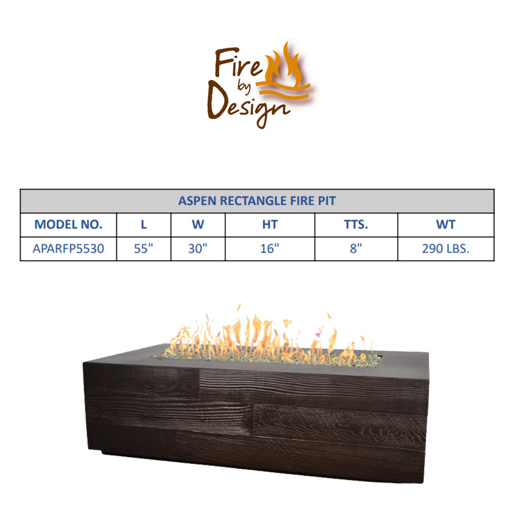 Concrete linear gas fire table with dark wood-look finish and flames, front view