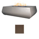 Linear concrete gas fire table with flames and taupe-brown concrete color swatch