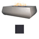Linear concrete gas fire table with flames and dark charcoal concrete color swatch