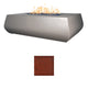 Gray concrete gas fire table with flames; speckled dark red finish sample swatch