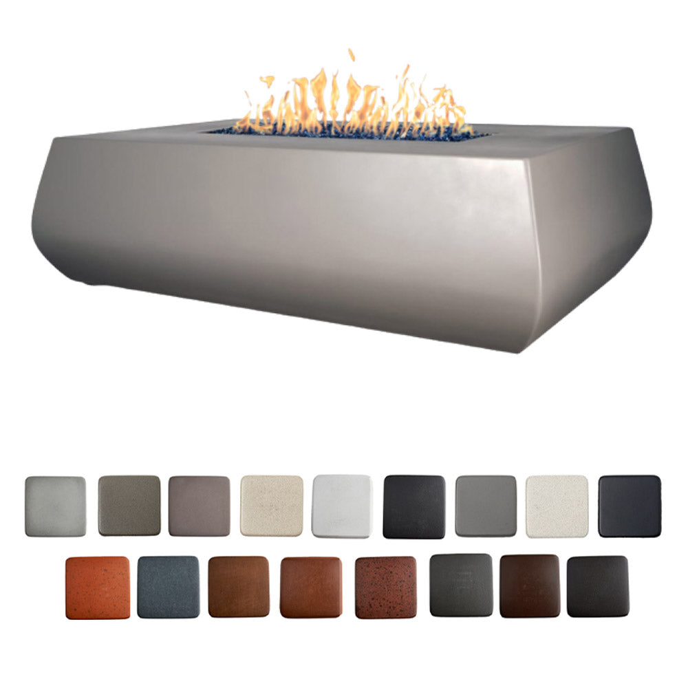 Gray 64-inch linear concrete gas fire table with flames; multiple concrete finish swatches shown.