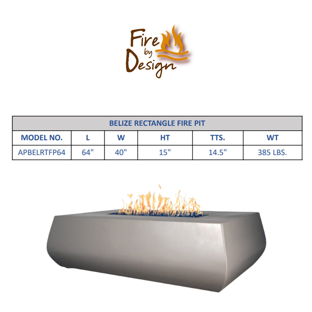 Belize rectangle fire pit size chart with 64-inch linear concrete gas fire table front view.
