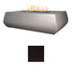 Gray linear concrete gas fire table with raised edges and visible flames
