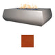 Gray concrete gas fire table with flames; red/orange finish sample swatch
