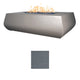 Gray concrete linear gas fire table with open flame burning across the top