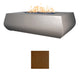 Linear concrete gas fire table with flames and warm brown concrete color swatch