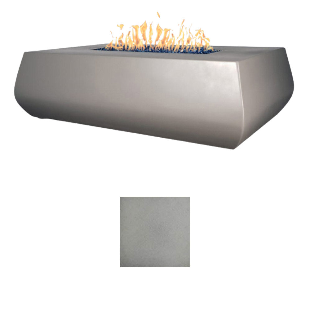 Gray concrete gas fire table with flames; light gray finish sample swatch