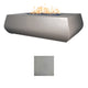 Gray concrete gas fire table with flames; light gray finish sample swatch