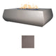 Gray concrete gas fire table with flames; dark gray finish sample swatch