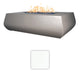 Linear concrete gas fire table with flames and white concrete color swatch