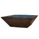 Low square fire bowl with blue glass fire media, brown concrete finish