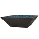 Low square fire bowl with blue glass fire media, charcoal dark concrete finish