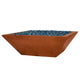 Low square fire bowl with blue glass fire media, warm bronze concrete finish