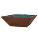 Low square fire bowl with blue glass fire media, medium brown concrete finish