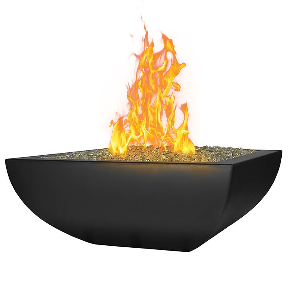 Black low square fire bowl with visible flames and decorative fire glass stones