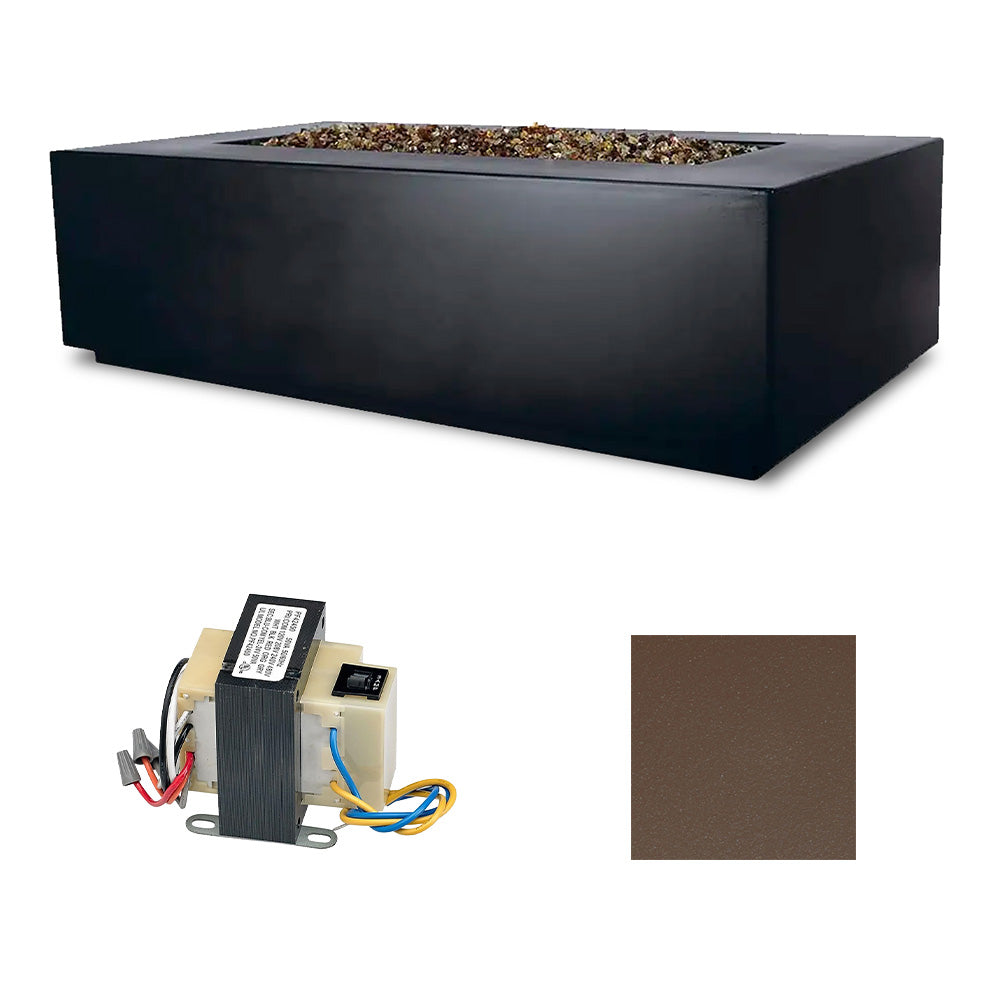 Dark charcoal rectangle fire table with ignition module and brown finish swatch