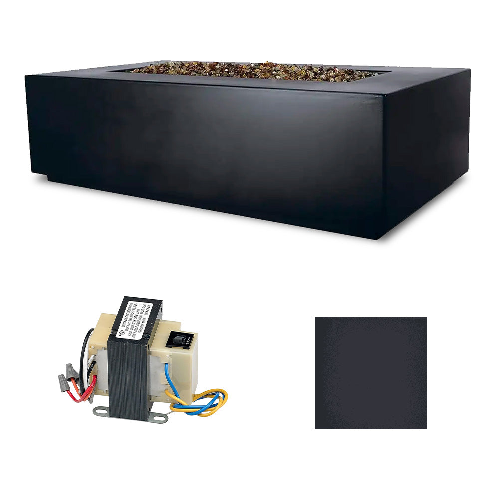 Dark charcoal rectangle fire table with ignition module and dark slate finish swatch