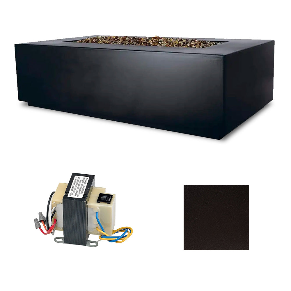 Dark charcoal rectangle fire table with ignition module and black finish swatch