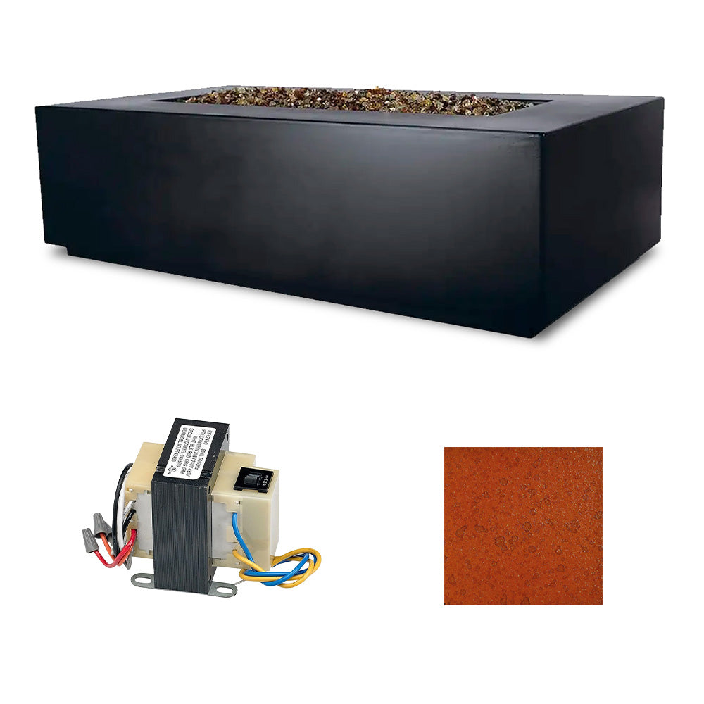 Dark charcoal rectangle fire table with ignition module and rust finish swatch