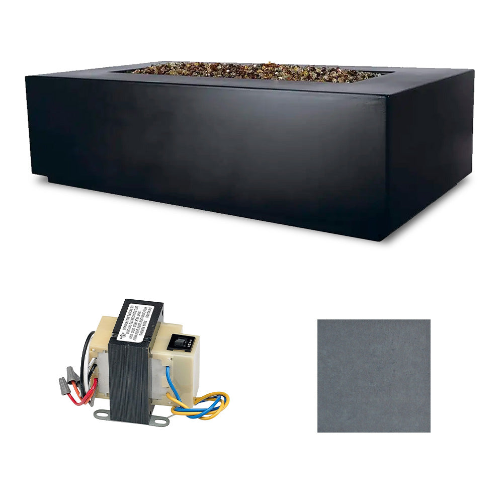 Dark charcoal rectangle fire table with ignition module and light gray finish swatch