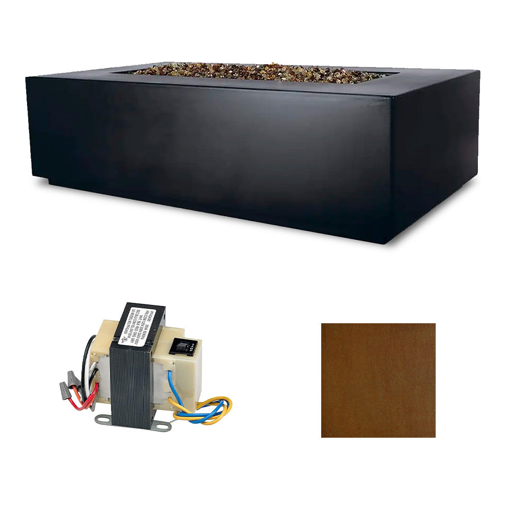 Rectangular fire table in dark finish with burner opening and ignition control module