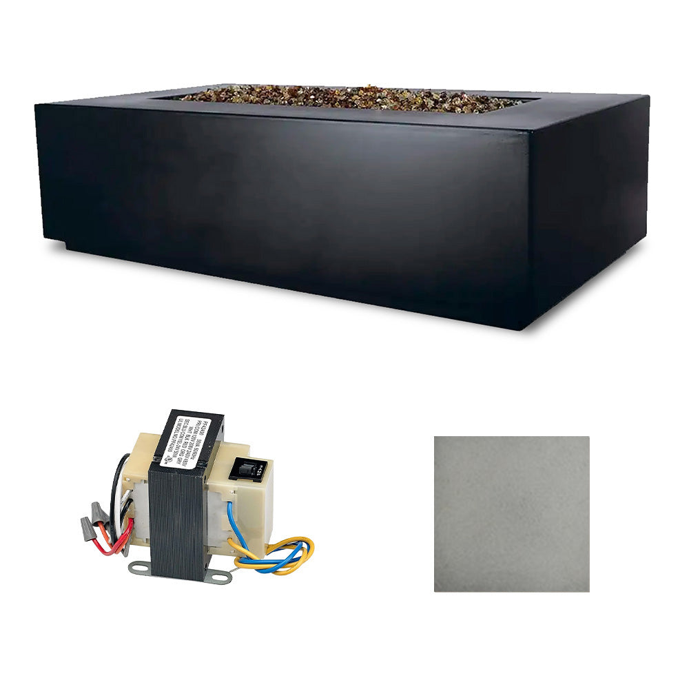 Rectangular outdoor fire table, black matte finish with control module and gray sample card