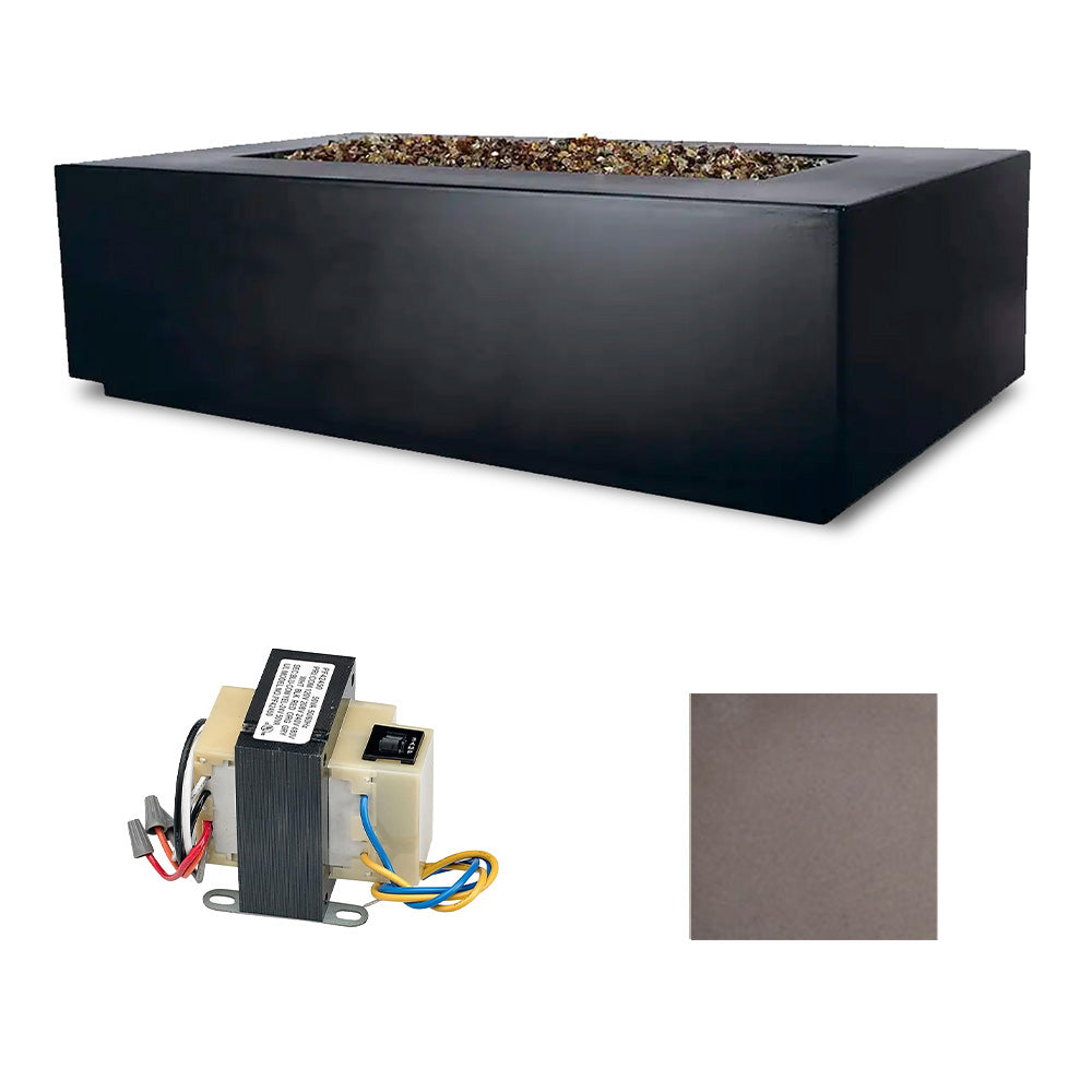 Rectangular outdoor fire table, black matte finish with control module and tan sample card