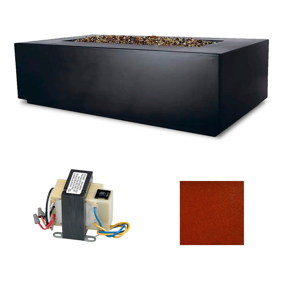 Rectangular outdoor fire table, black matte finish with control module and red-brown sample card