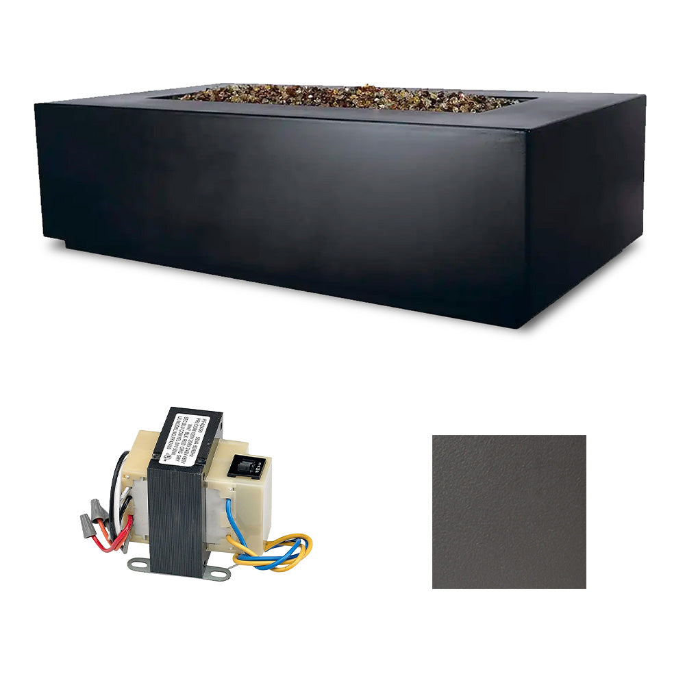 Rectangular outdoor fire table with burner control components and dark gray finish sample