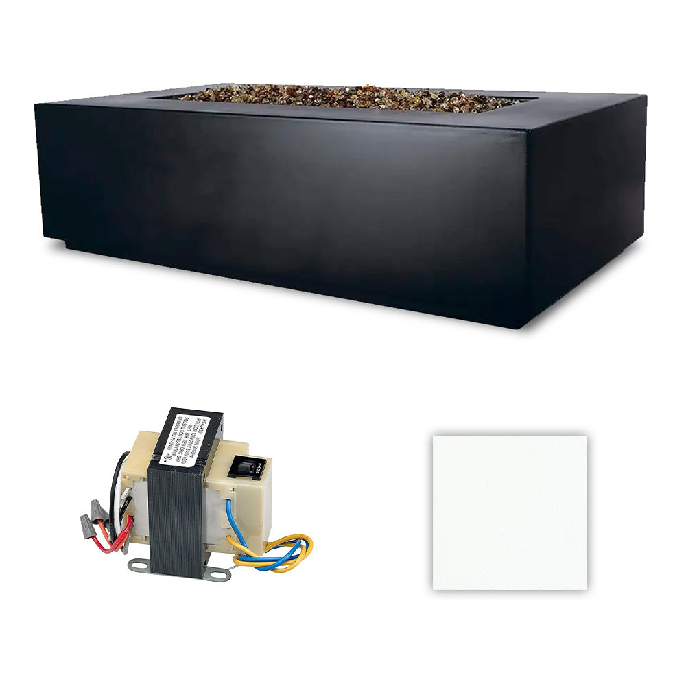 Rectangular outdoor fire table with burner control components and white finish sample card
