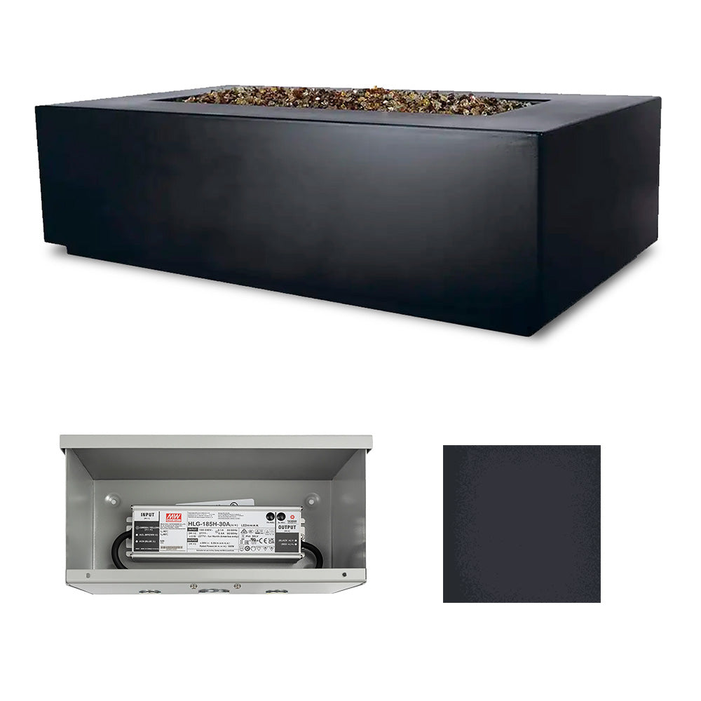 Fire table with open access panel and dark charcoal finish color swatch